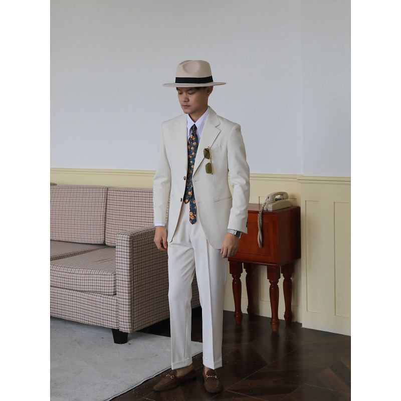 意式那不勒斯杏色儒雅绅士 复古老钱风休闲舒适修身西服2件套装