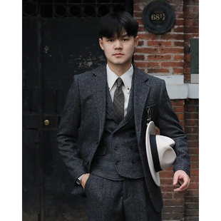 复古英伦雅痞绅士浴血黑帮风羊毛粗花呢人字纹休闲修身单西装外套