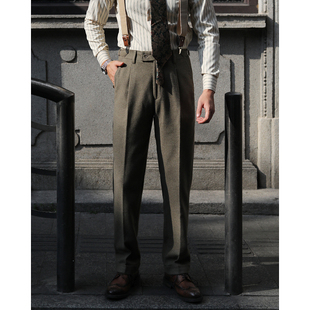 西裤 英伦复古羊毛毛呢保暖厚款 休闲卷边长裤 高腰单褶卷边修身 意式