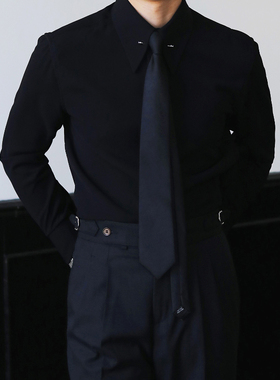 [黑白色]意式复古休闲长袖帝国领绅士法式免烫大尖领修身商务衬衫