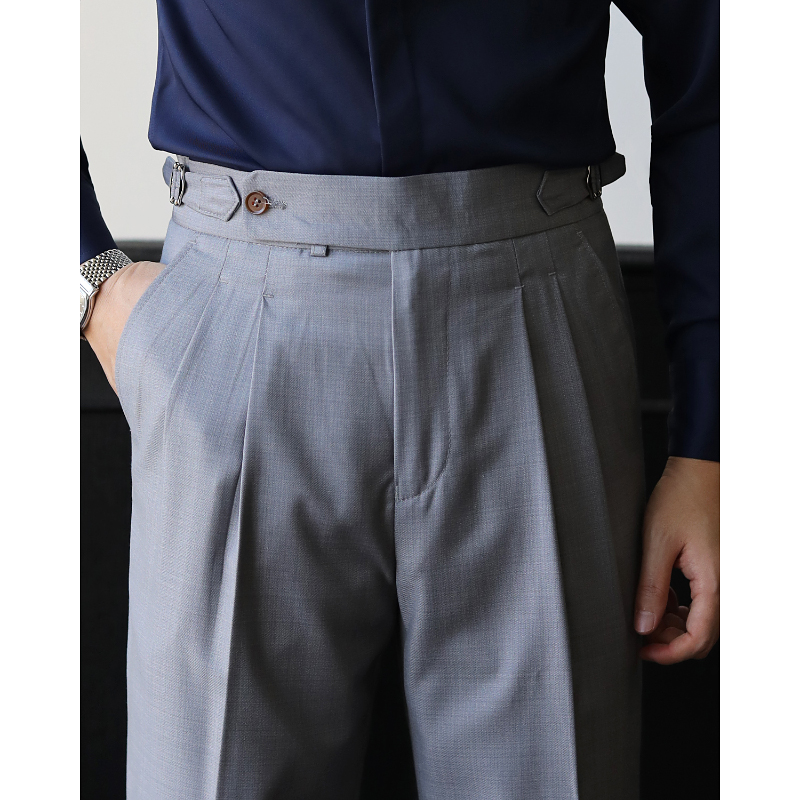 意式那不勒斯高腰卷边商务抗皱双褶雅痞绅士西装裤修身直筒西裤