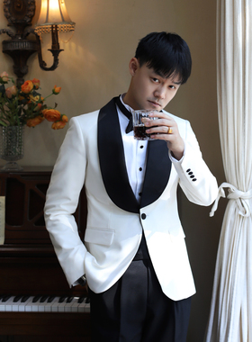 黑色青果领撞色米白色塔士多正式西装 宴会结婚新郎礼服修身西服