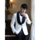 宴会结婚新郎礼服修身 黑色青果领撞色米白色塔士多正式 西装 西服