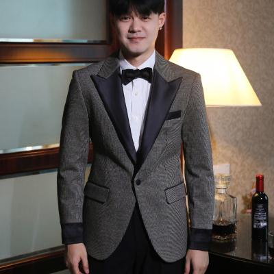 英伦经典格子缎面拼接戗驳领结婚主持晚会正装塔士多西服礼服套装