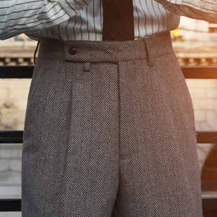 英伦复古羊毛粗花呢人字纹高腰长裤咖啡色微厚款雅痞结婚修身西裤