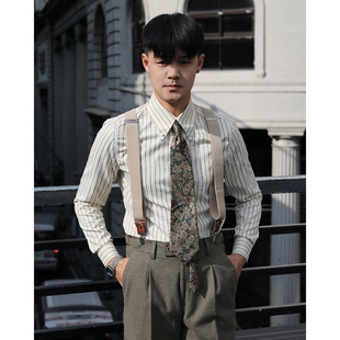 条纹衬衫 英伦复古长尖领扣领抗皱修身 雅痞有型商务长袖 意式 文艺