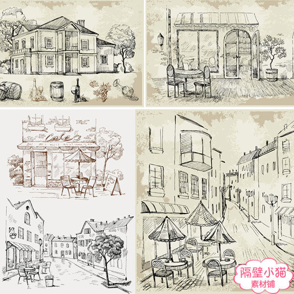 eps矢量 欧式手绘线条街景街道建筑咖啡店临摹场景图插画设计素材