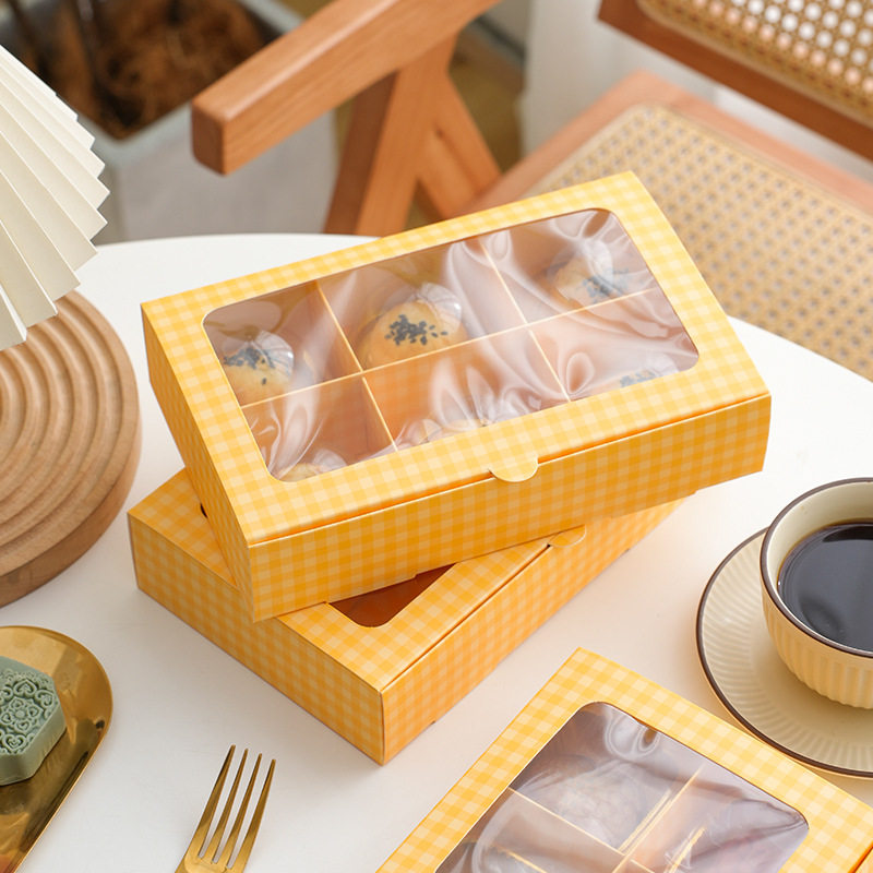10个黄色格子透明窗口点心包装盒6格80g月饼蛋黄酥分装烘焙礼品盒