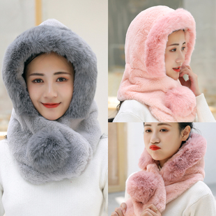 一体围脖帽子女冬天加厚保暖毛绒仿兔绒可爱护耳北方骑车防风防寒