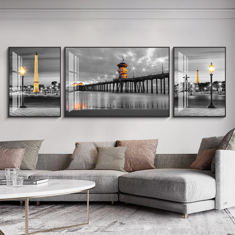Ngọn hải đăng trang trí ba sơn nền sofa phòng khách vẽ nhiếp ảnh phong cảnh Bắc Âu của kiến ​​trúc hiện đại sơn tường trong khí quyển