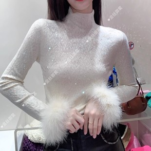 欧货新款御裳专柜重工烫钻毛毛袖紧身洋气纯色高领百搭打底衫
