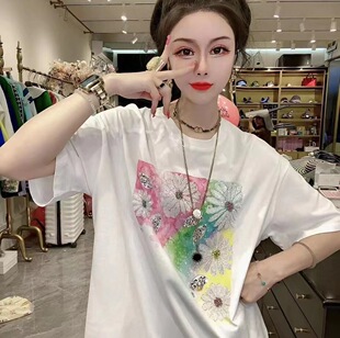 花朵图案T恤女金丝御裳欧货高级感重工钉珠糖果色镶钻短袖上衣夏