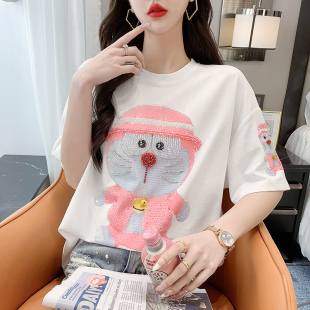 欧美重工钉珠镶钻ins高品质精致圆领短袖T恤可爱卡通宽松洋气上衣