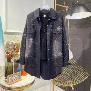 欧货2025秋季新款时尚重工烫钻牛仔衬衫女宽松休闲百搭长袖上衣潮