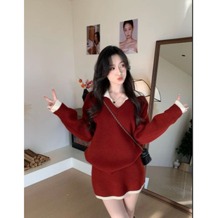 2025爆款韩系气质秋季显瘦年轻气质两件套百搭复古港风毛衣半身裙