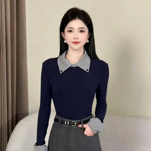 设计感翻领拼接长袖T恤女秋冬加绒加厚打底衫上衣裤子套装