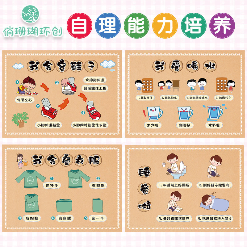 幼儿园生活区自理能力环创墙贴 如厕洗脸穿衣服刷牙系鞋带步骤图
