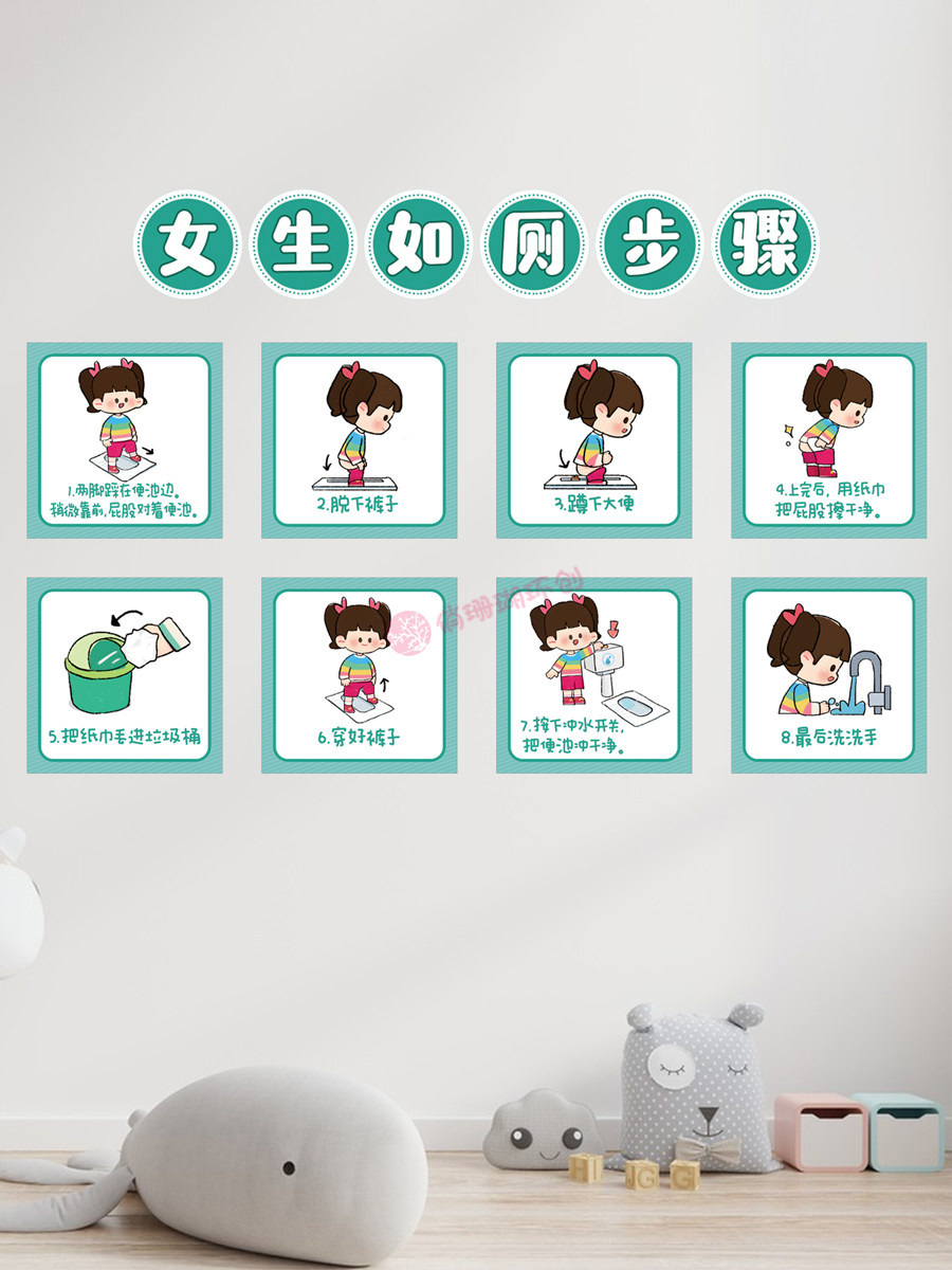 幼儿园小班中班如厕步骤图墙贴男生女生上厕所小便流程图防水贴纸