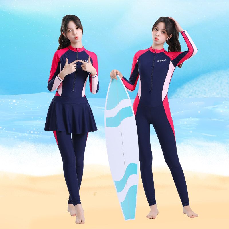 少女孩中大儿童连体长袖长裤全身防晒速干专业训练沙滩学生游泳衣
