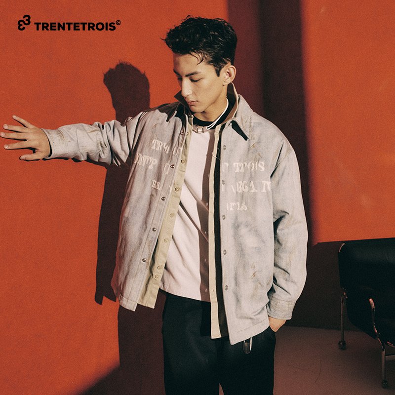 33潮牌羽绒服衬衫式版型复古蓝色牛仔布面料潮流羽绒外套