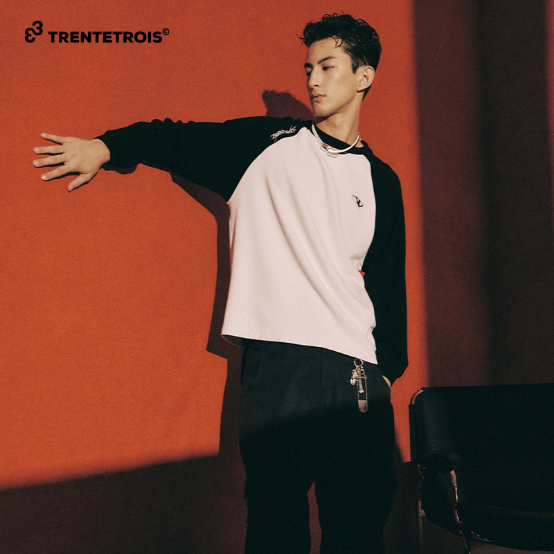Trente Trois潮牌圆领打底衫高端婴肤绒面料黑白插肩设计长袖T恤