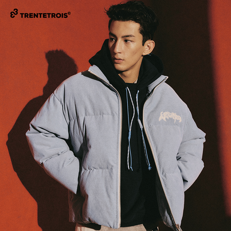 33潮牌立领羽绒服男灯芯绒面料宽松廓形印花保暖外套