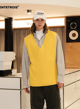 33TRENTETROIS潮牌经典无袖高品质毛织百搭黄色休闲背心男女同款