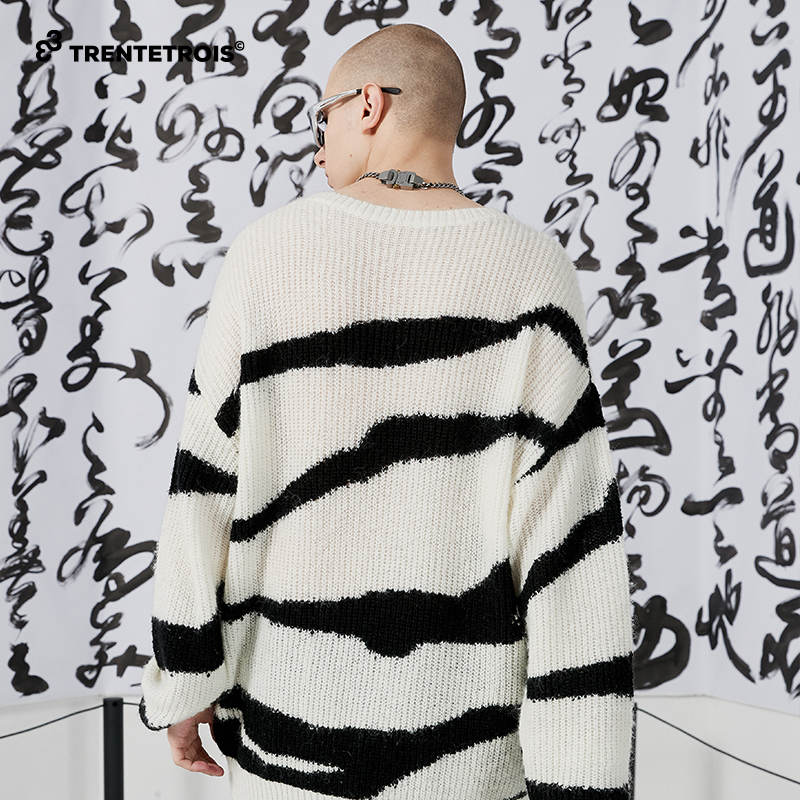 TRENTETROIS潮牌春季新款针织衫高品质马海毛纱线不规则虎纹提花