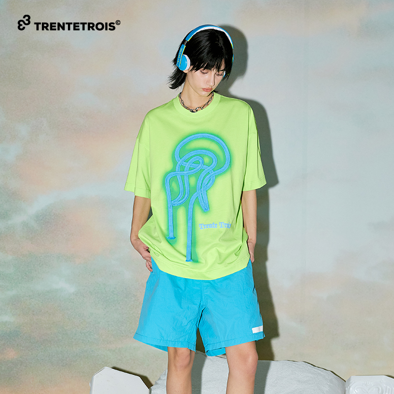33潮牌短袖T恤设计感印花时尚休闲荧光绿纯棉宽松T恤