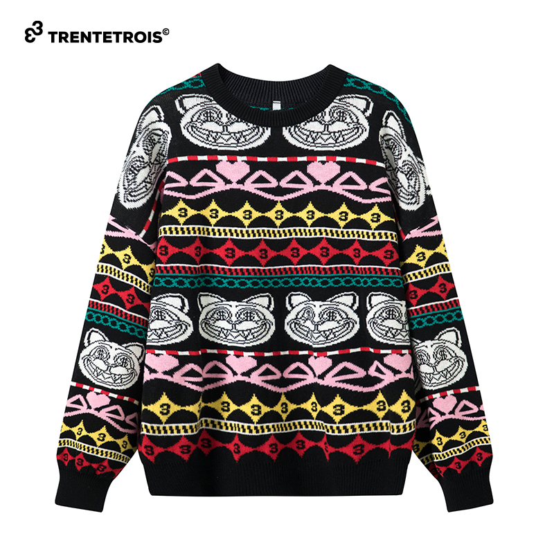 33潮牌线衫春秋新款套头圆领休闲卡通针织衫