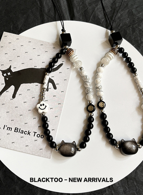 BlackToo/原创银曜石黑猫头笑脸手机绳 挂件手机链黑白简约挂件