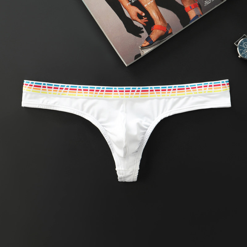 男士冰丝丁字裤彩色腰带男生低腰透明单丁裤夏季透气青年大码t裤