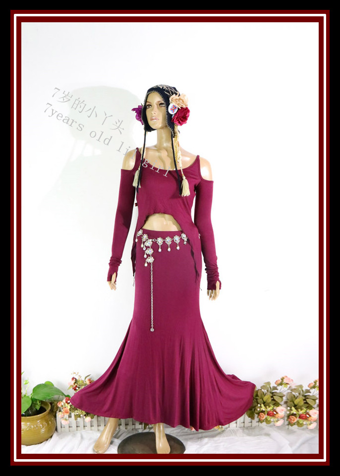 肚皮舞热销套装新款进口莫代尔人棉双侧燕尾开肩上衣加裙子OC2