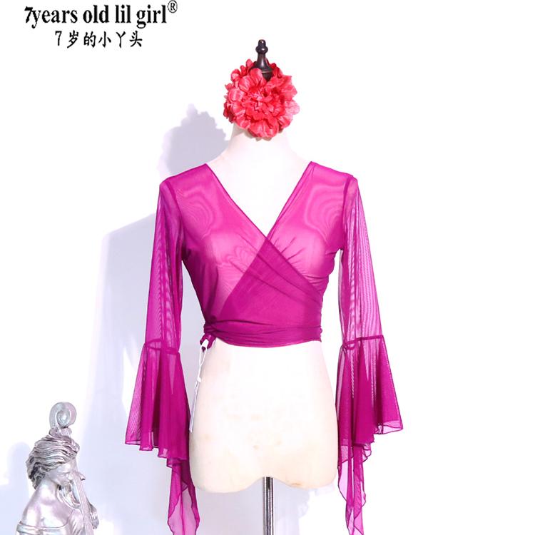 7years old lil girl肚皮舞上衣长袖新款秋冬韩国蕾丝喇叭袖BYY62