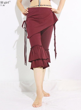 肚皮舞练功服下装弹力棉屁帘荷叶边7分裤新品EJJ01