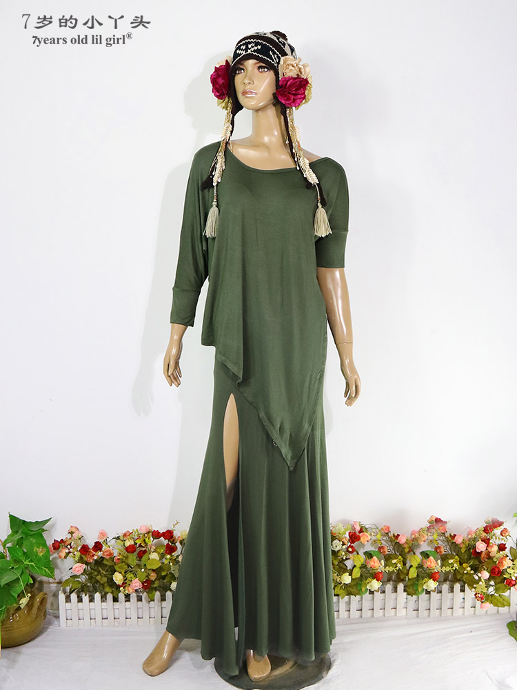 肚皮舞套装热销莫代尔人棉小蝙蝠袖包臀开叉大摆裙原创设计