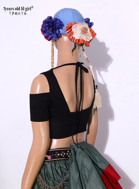 ATS肚皮舞秋丽品牌设计热销黑色弹力棉三角V领半露背开肩短袖ELL5