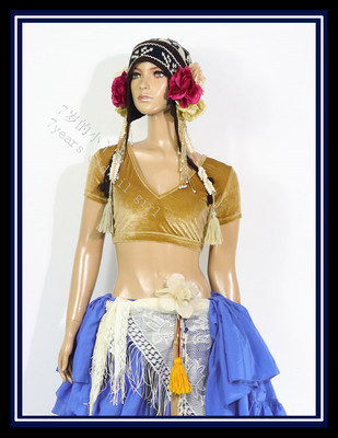 ATS部落肚皮舞choli上衣短袖台湾丝绒V领露背短袖上衣FB25