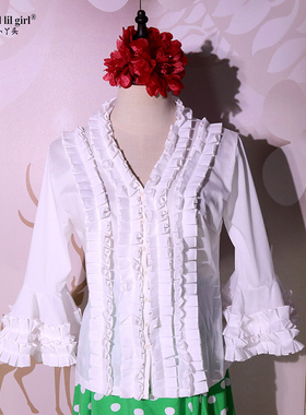 Flamenco佛朗明哥舞西班牙舞上衣白色涤棉喇叭长袖上衣热卖ECA09