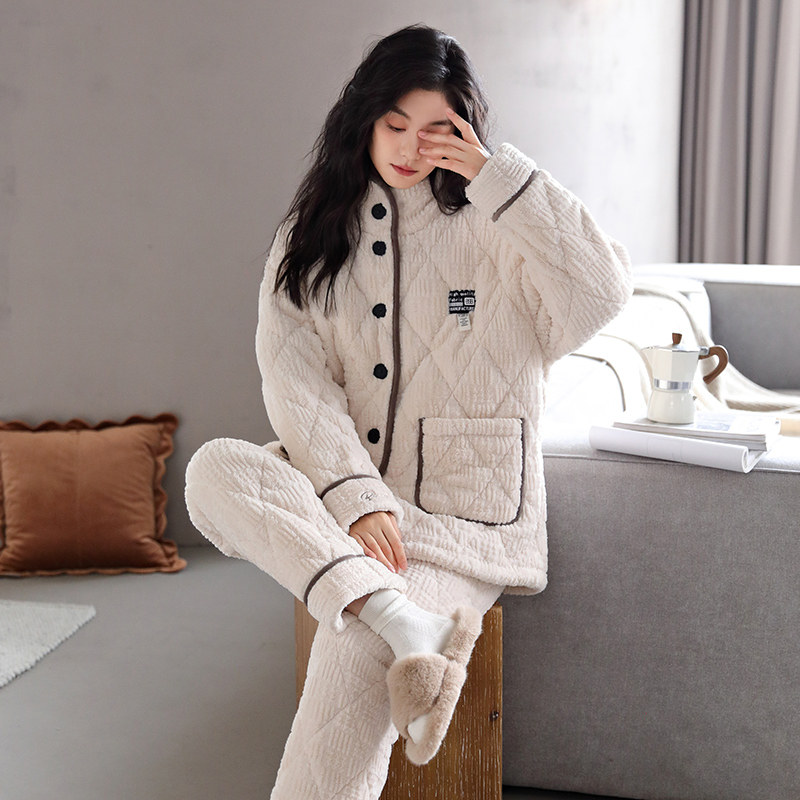 婷美珊瑚绒睡衣女士冬季三层加厚夹棉秋冬款可外穿家居服韩版套装