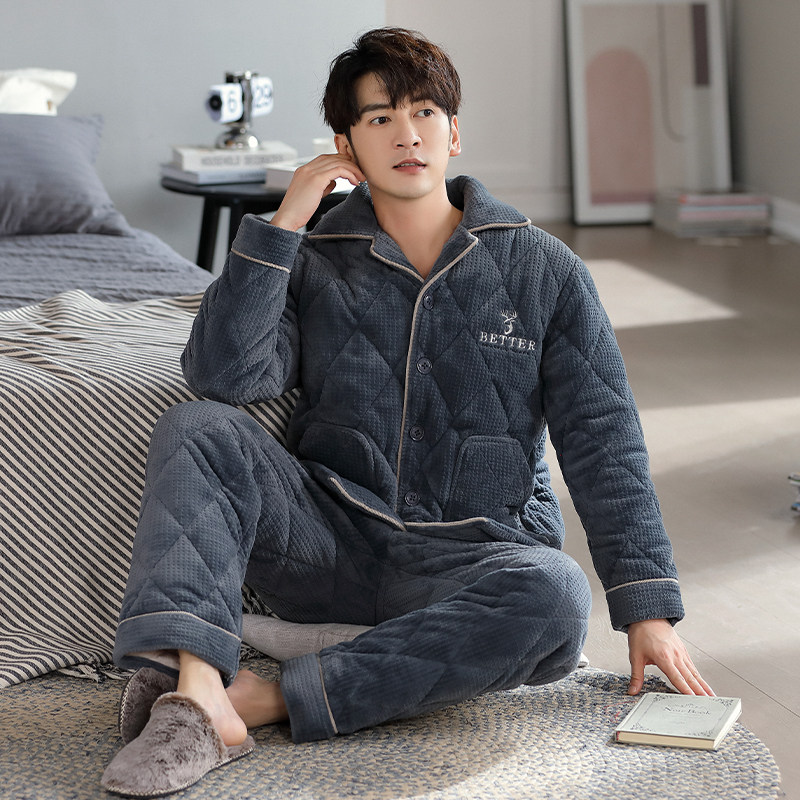 婷美珊瑚绒睡衣男士秋冬天加绒加厚法兰绒冬季三层夹棉家居服套装