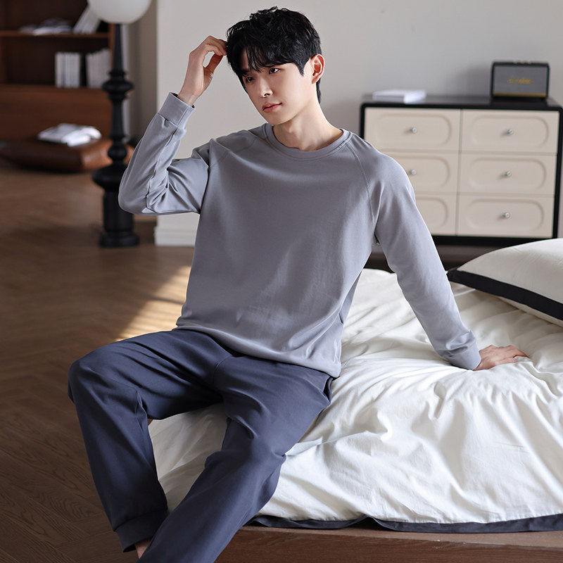 婷美纯棉睡衣男士新款春秋季圆领长袖简约休闲外穿秋冬家居服套装