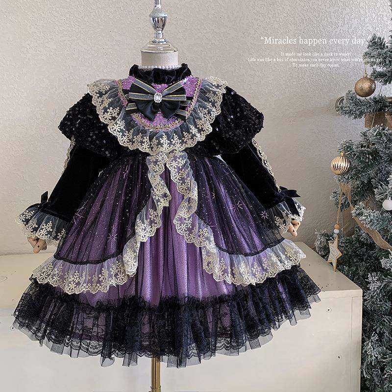 英国Next Naive女童加绒洛丽塔公主裙2025新款长袖加绒连衣裙女孩