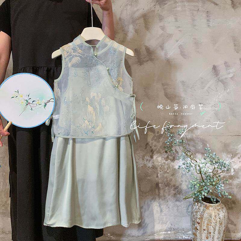 英国Next Naive女童新中式套装夏季2025新款儿童国风马甲吊带裙女