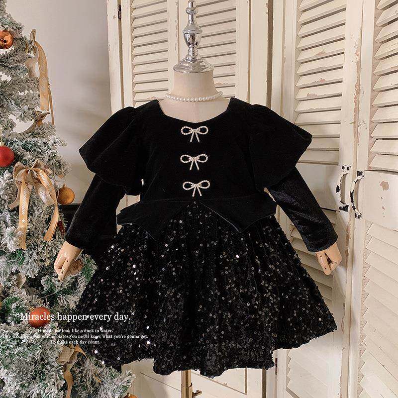 英国Next Naive2024冬新款女孩高端加绒洋气泡泡袖丝绒连衣裙女童