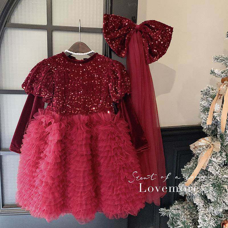 英国Next Naive25冬季女童加绒亮片裙高级生日礼服蝴蝶结花童气质