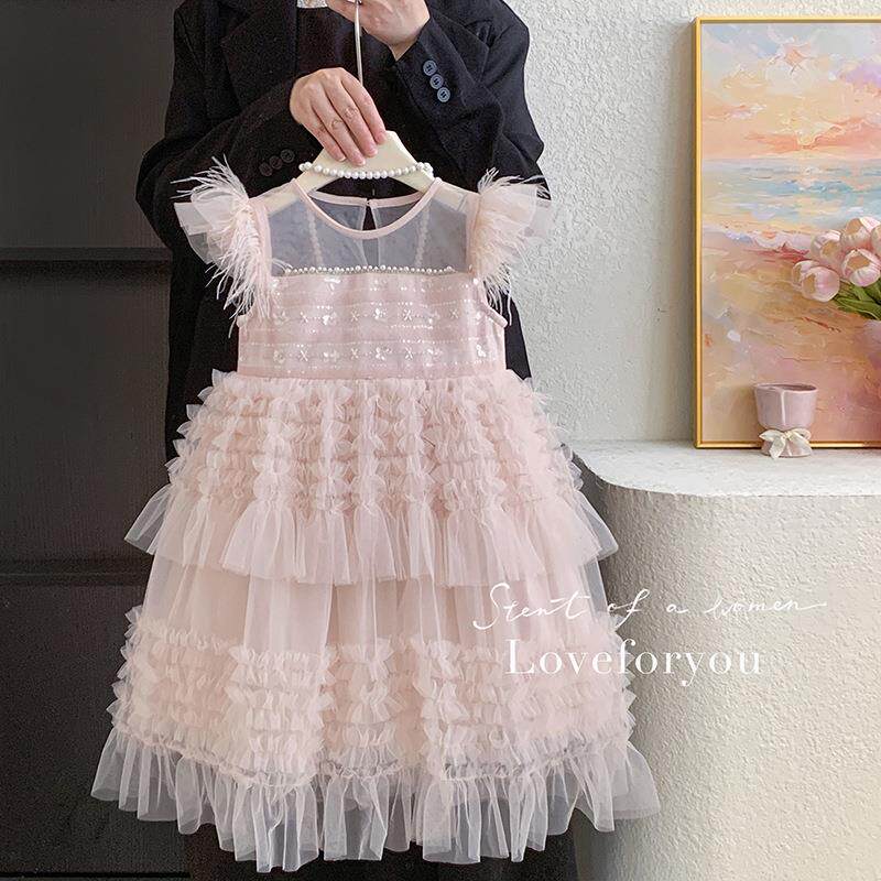 英国Next Naive女童公主风连衣裙2025夏季气质甜美小飞袖蛋糕背心