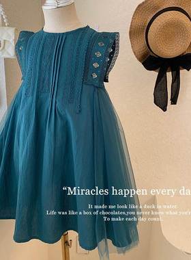 英国Next Naive2025女童夏季青绿色网纱拼接大裙摆无袖蕾丝背心连