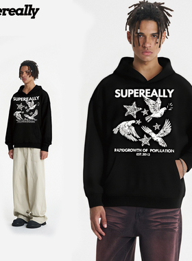 supereally潮牌个性飞鸽印花宽松休闲百搭设计感男女同款连帽卫衣