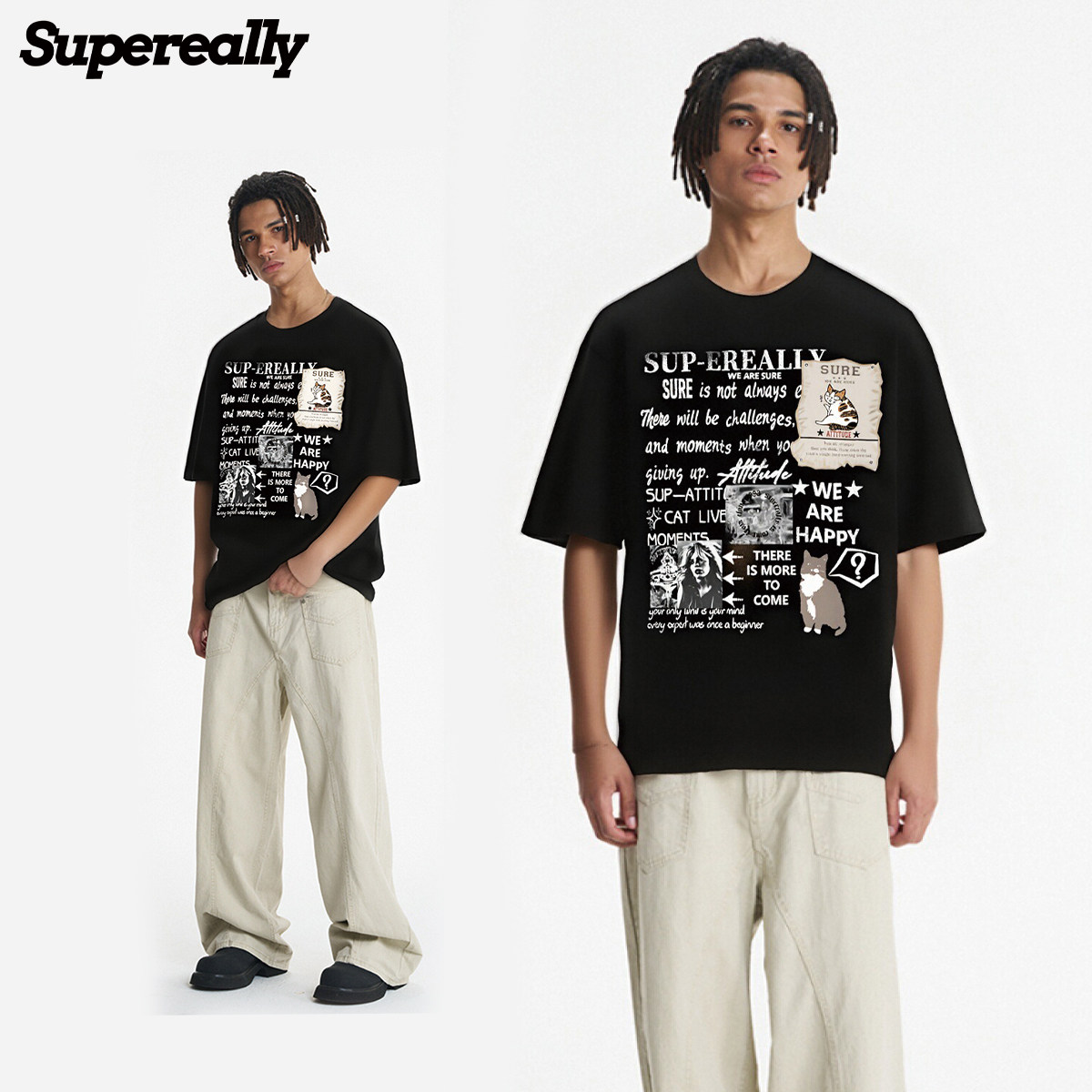 SUPEREALLY 寻猫海报美式纯棉百搭宽松圆领T恤
